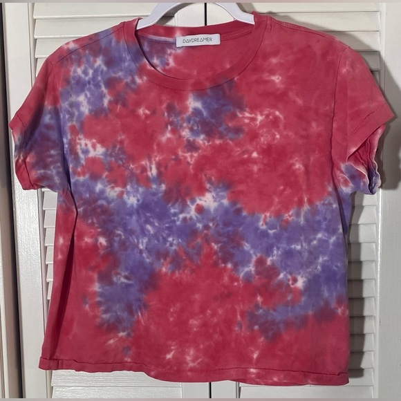 Daydreamer Free People Purple and Pink Scrunch Tie Dye Cropped T-shirt, Size XS - Picture 1 of 5